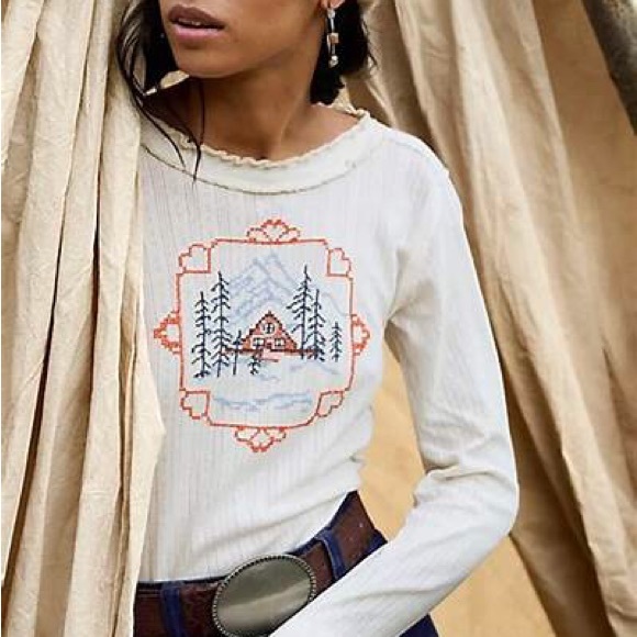FP Movement by Free People Cream Long Sleeve Top with Embroidered Cabin Design - Picture 2 of 5